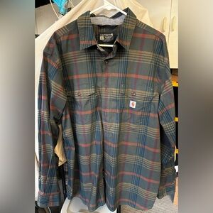 Carhartt Green Plaid Button-Front Work Shirt with Rust and Navy Stripes
